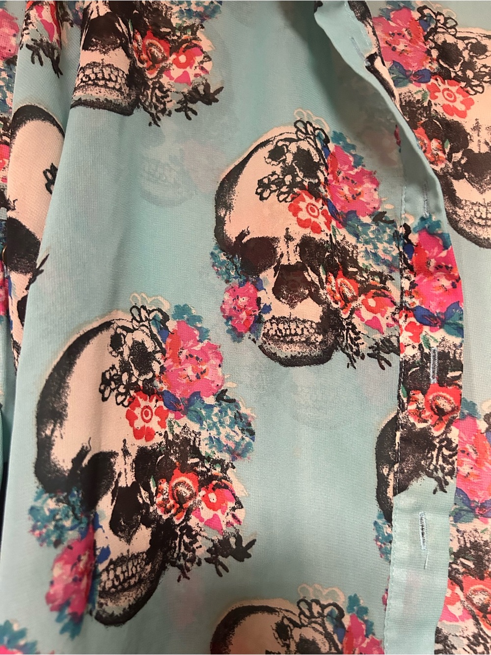 Dots Turquoise Floral Skull Print Top - Picture 2 of 6